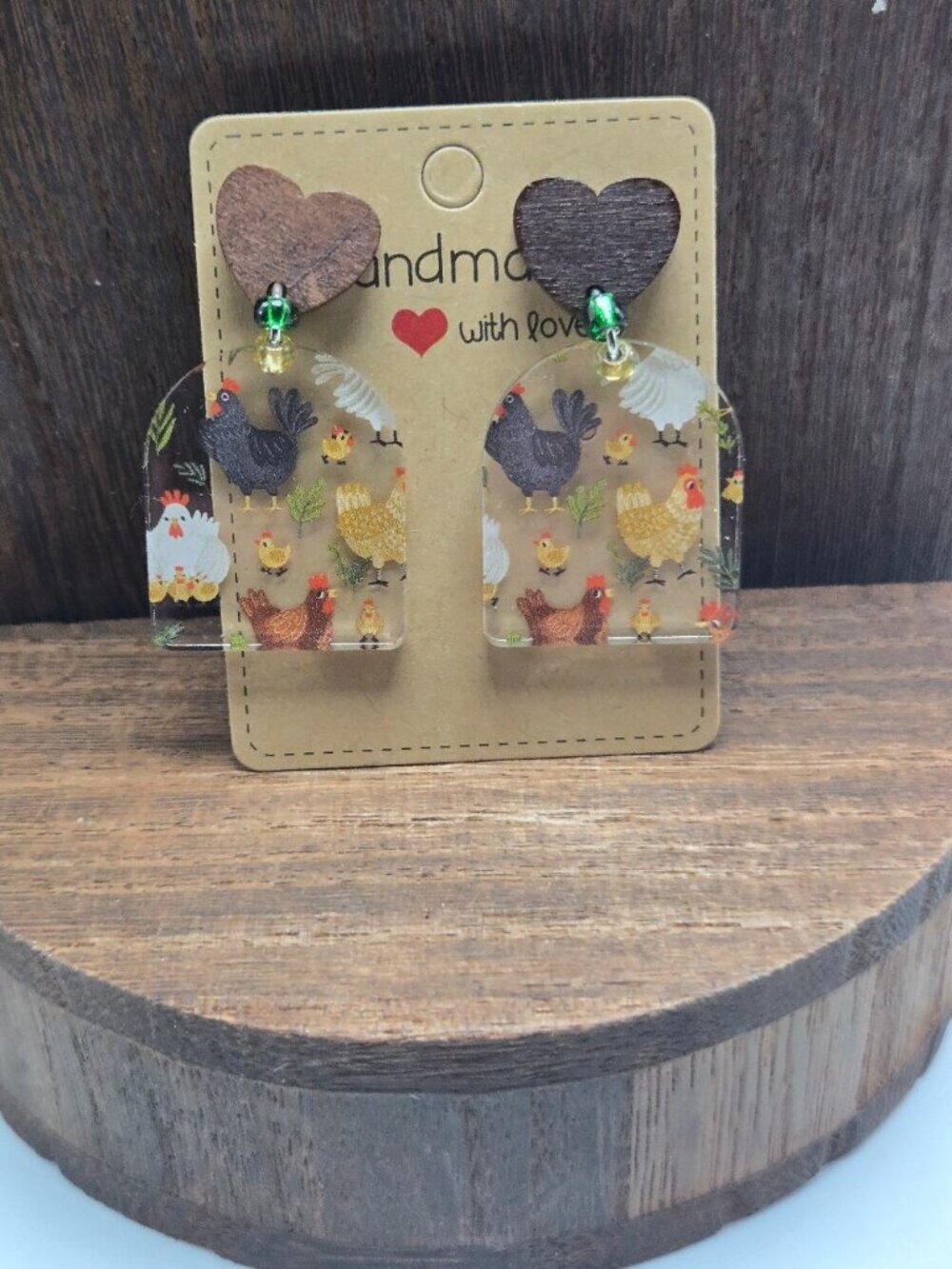 NWT Heart Farm Girl Chicken Earrings Pierced Country Wood Acrylic Glass Bead Dan